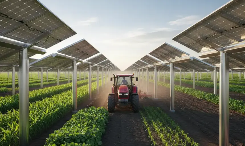 Agro-Photovoltaik Landwirtschaft: Solarmodule über landwirtschaftlichen Feldern