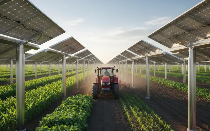 Agro-Photovoltaik Landwirtschaft: Solarmodule über landwirtschaftlichen Feldern